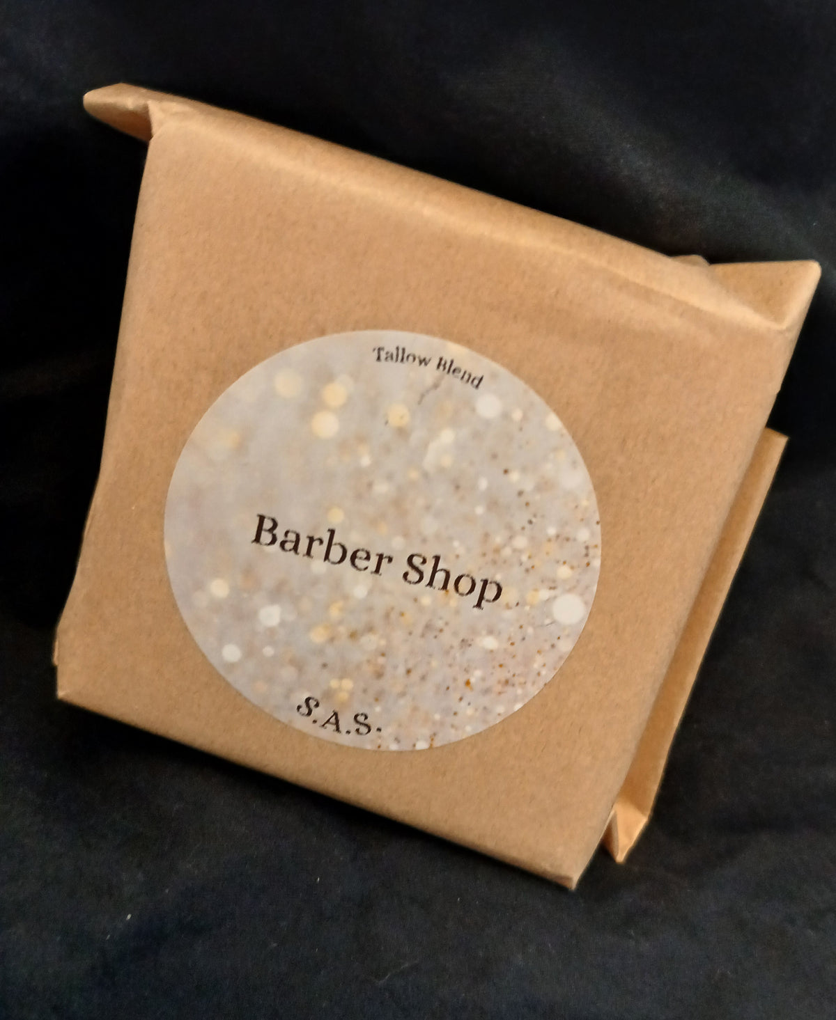 Barber Shop tallow blend soap bar wrapped in kraft paper with S.A.S. label