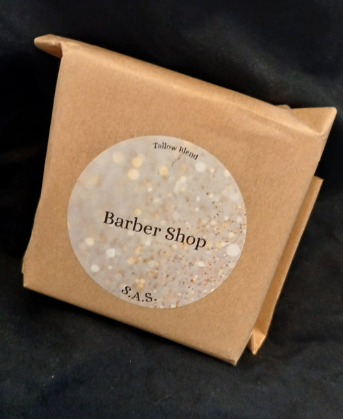 Barber Shop tallow blend soap bar wrapped in kraft paper with S.A.S. label