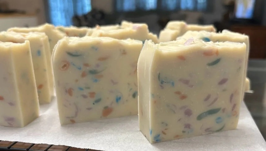 Birthday Cake cold-process soap bars with colorful confetti soap shavings