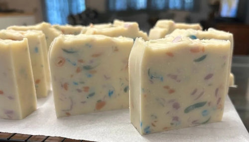 Birthday Cake cold-process soap bars with colorful confetti soap shavings