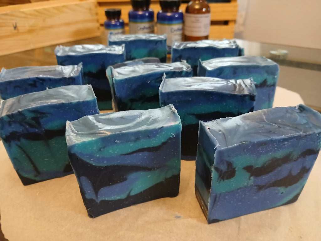 Blue Bayou handcrafted soap bars with deep blue swirls in olive and coconut oil base