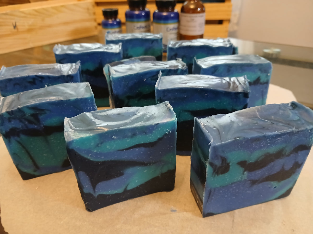 Blue Bayou handcrafted soap bars with deep blue swirls in olive and coconut oil base