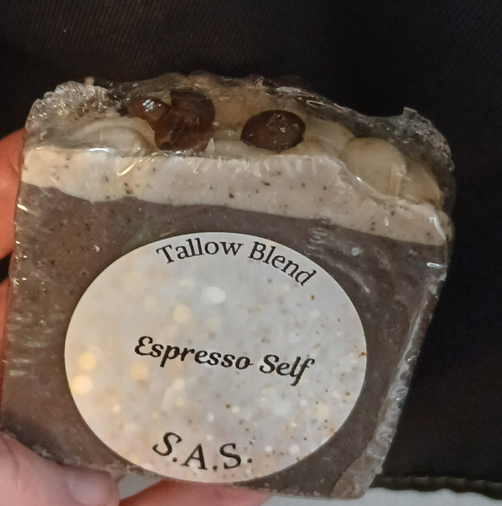 Espresso Self soap bar by S.A.S. showing tallow blend label with coffee bean topping