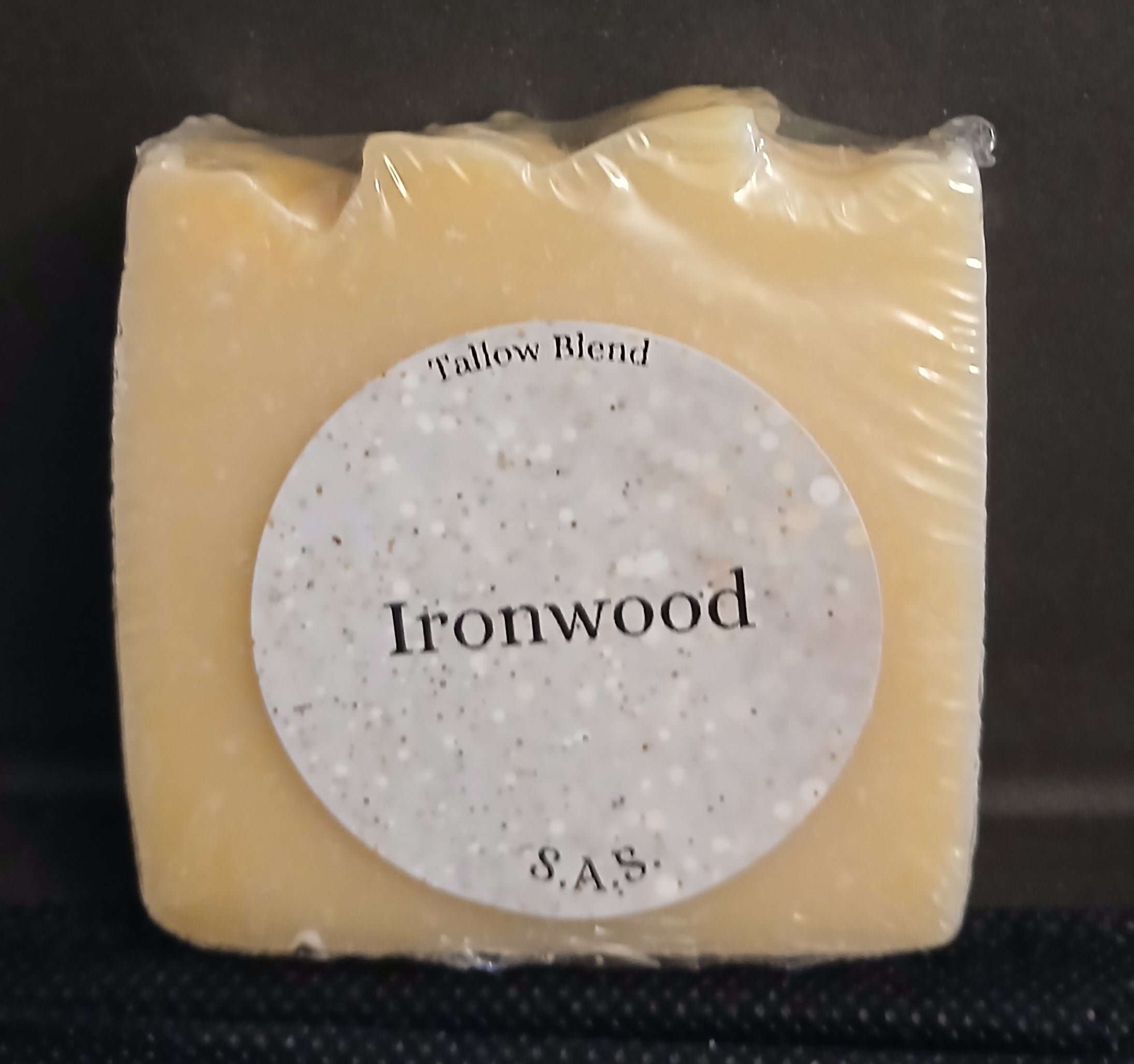 Ironwood tallow blend soap bar, warm golden color with speckled label