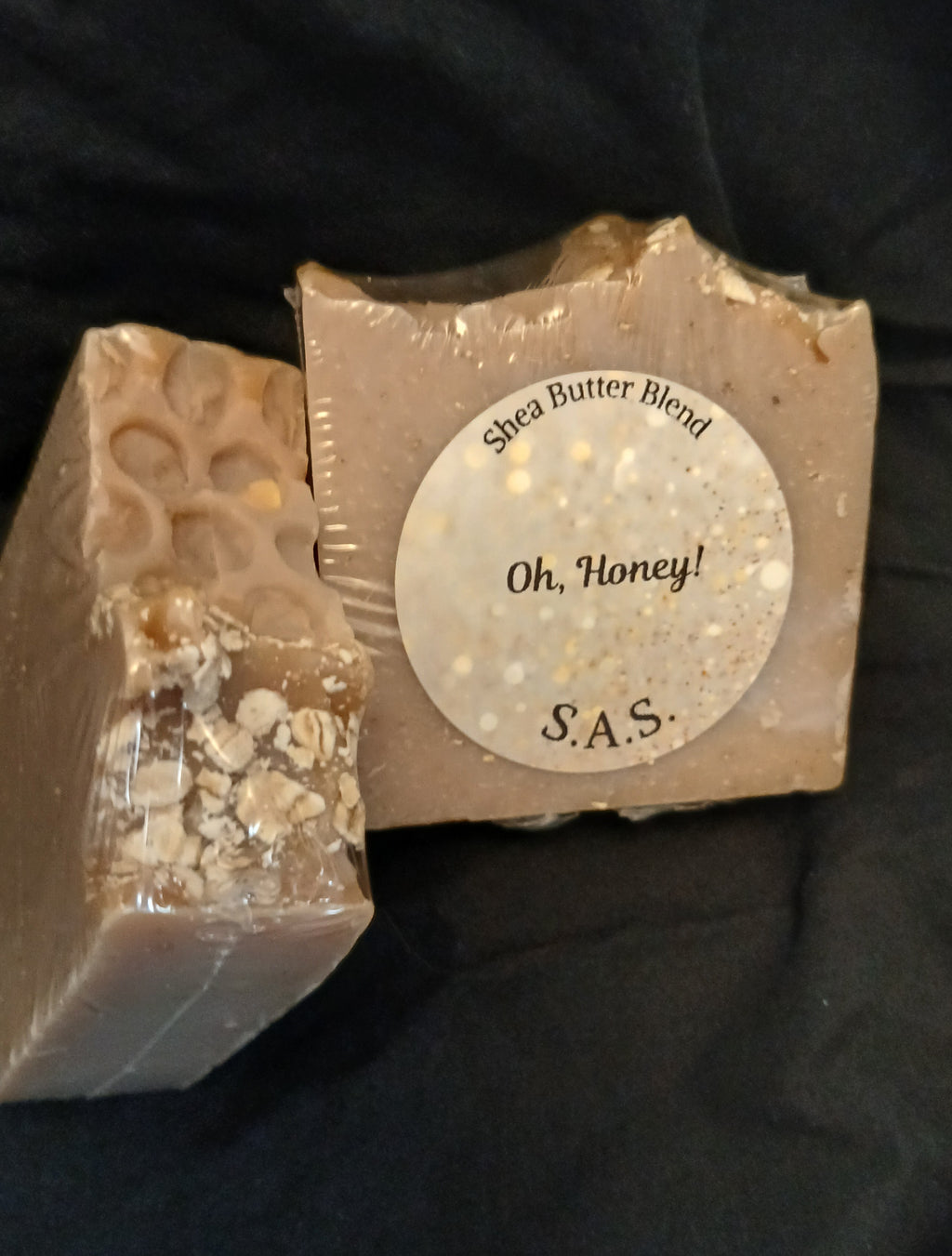 Oh Honey shea butter soap bars with oatmeal topping and S.A.S. label