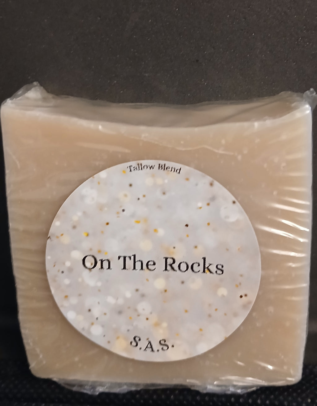On The Rocks tallow blend soap bar with speckled label, Kentucky Bourbon scented