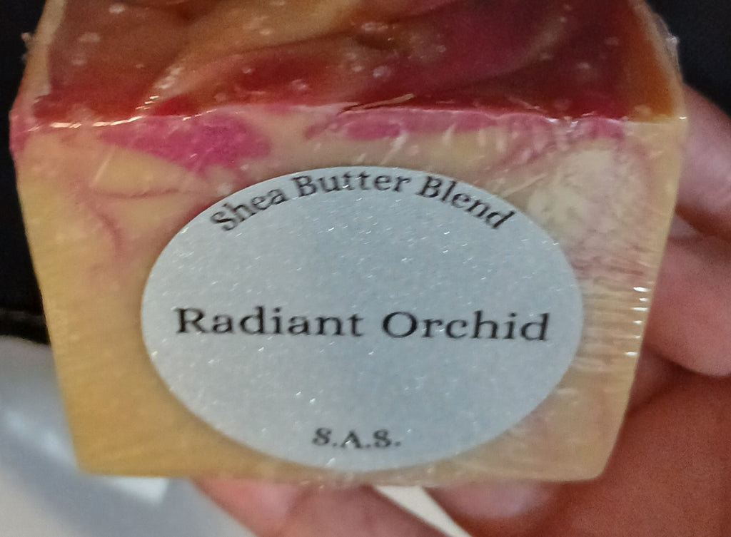 Radiant Orchid soap bar label by S.A.S. showing shea butter blend