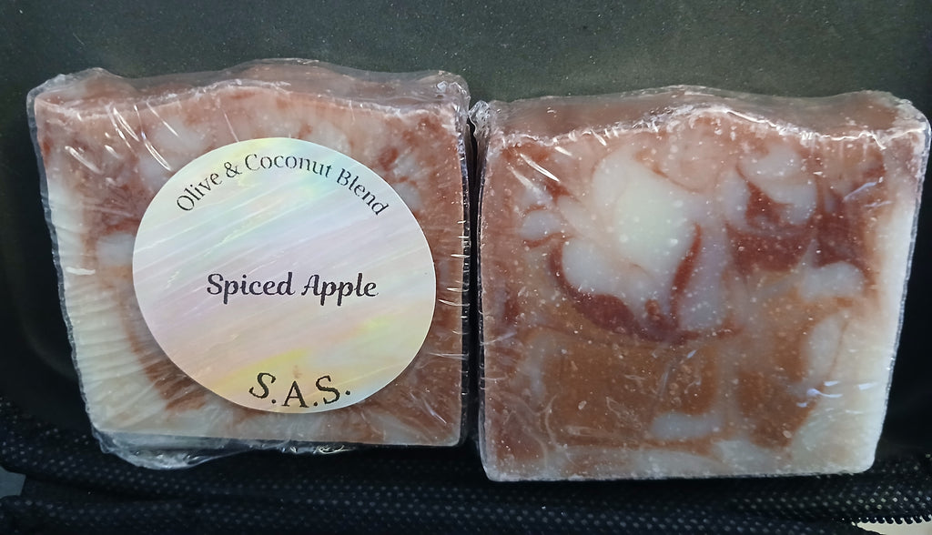 Spiced Apple soap bar with warm rustic brown and white swirls, coconut and olive oil blend