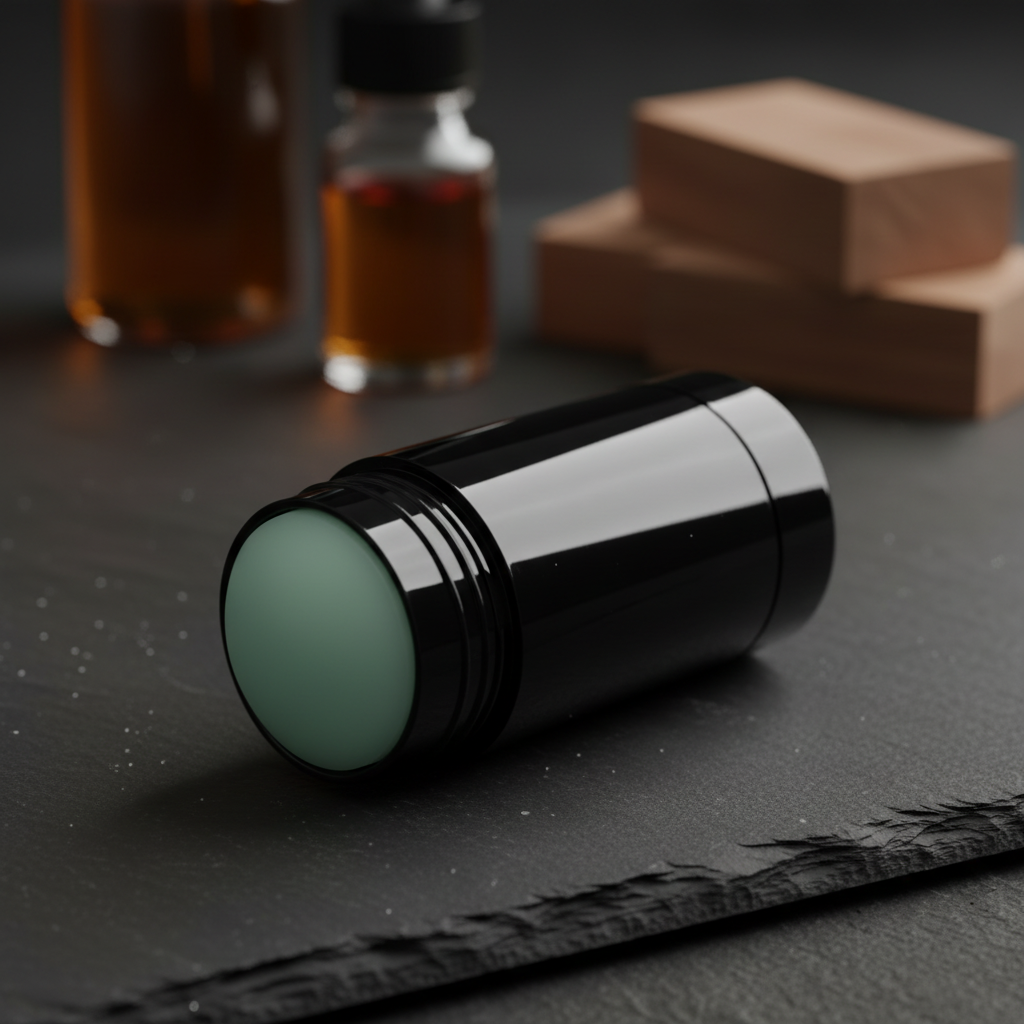 Intrigue Solid Cologne – Blue Amber & Bergamot on a dark moody surface with warm amber tones