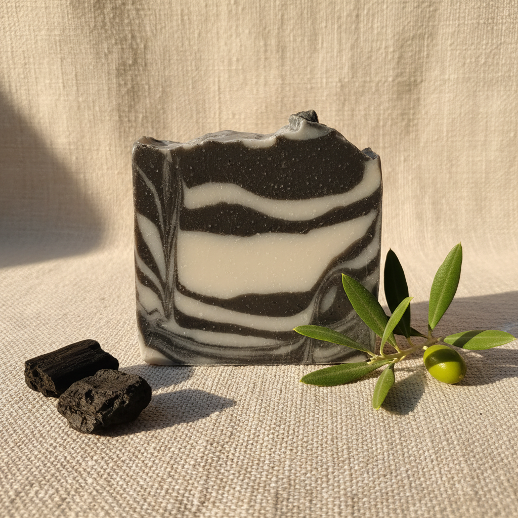 Ebony and Ivory handmade soap bar with activated charcoal and coconut olive oil blend