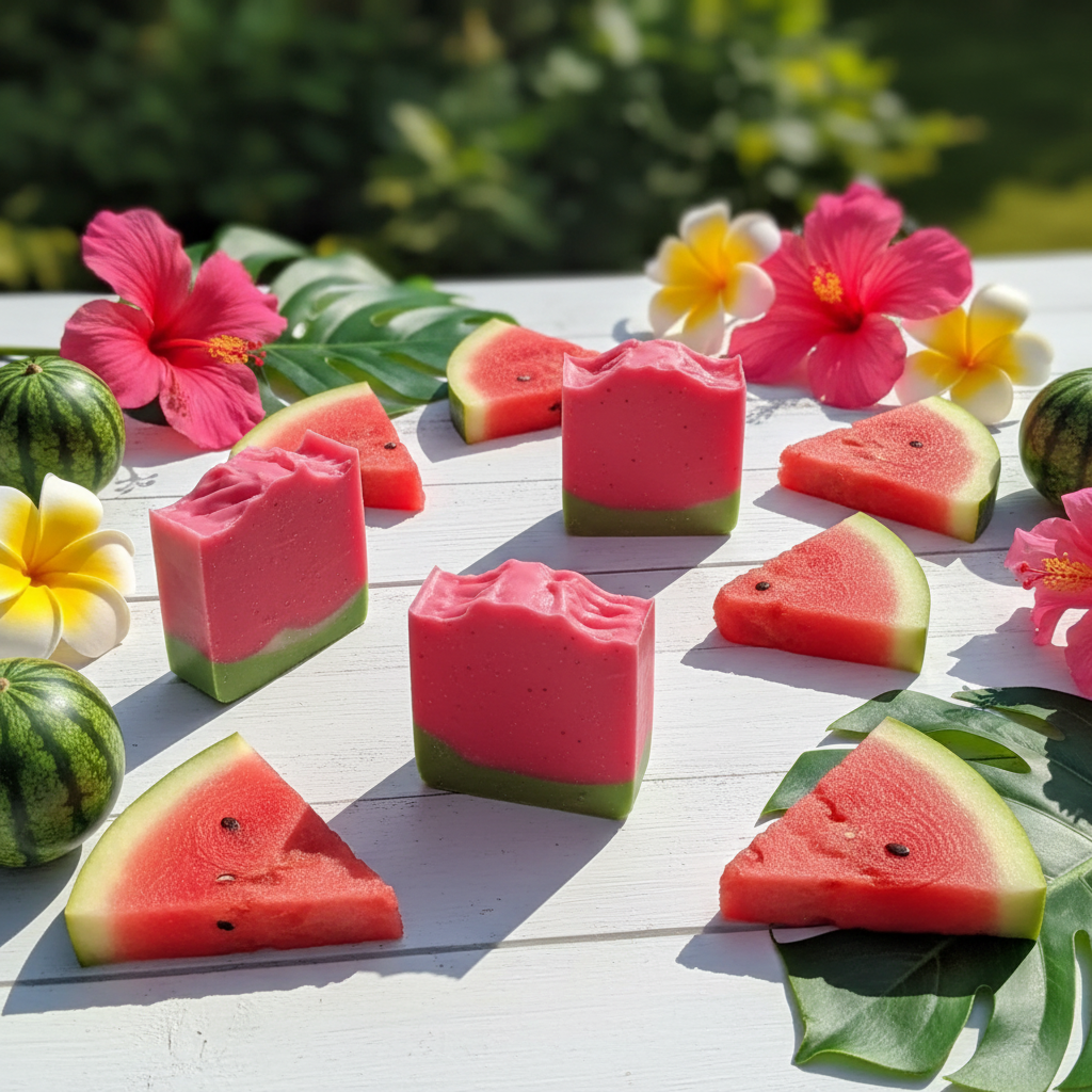 Watermelon soap bars in a bright summery setting with fresh watermelon slices and tropical flowers