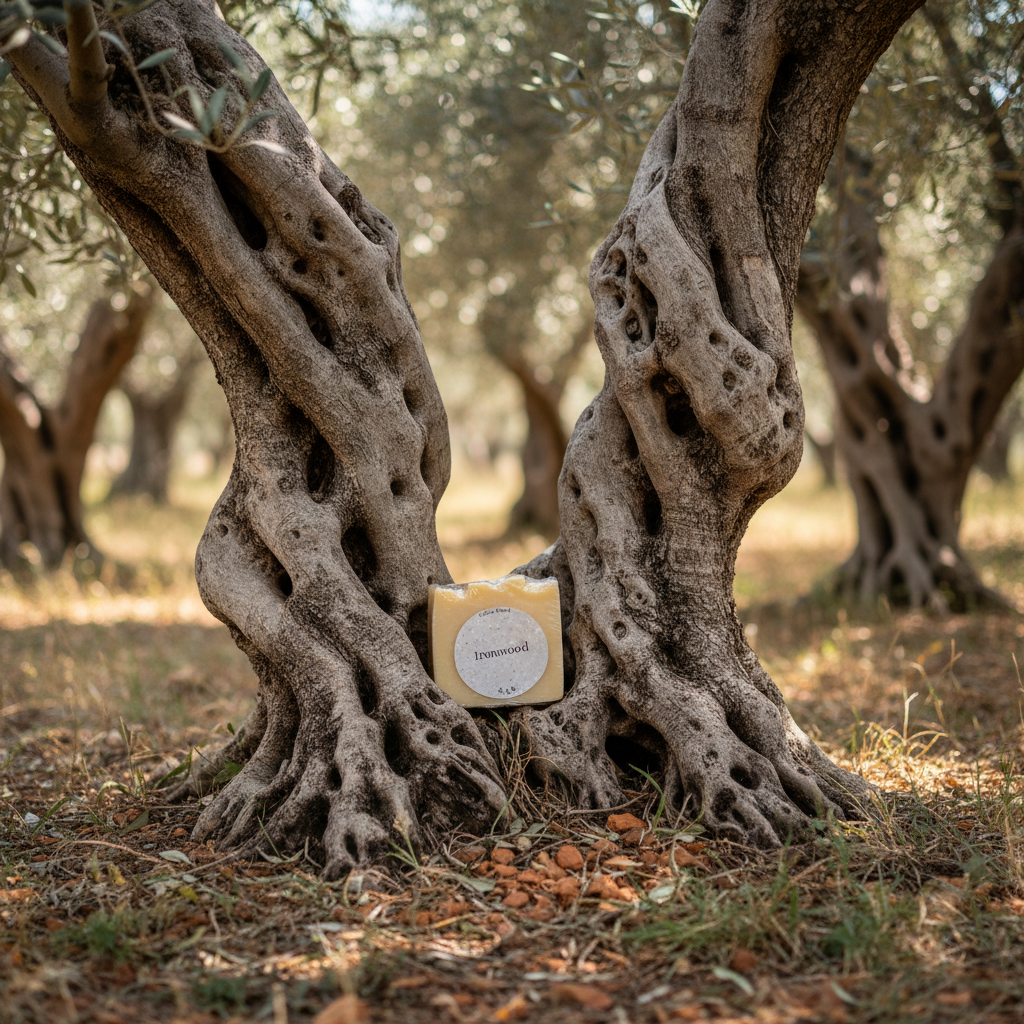 Ironwood soap bar among ancient gnarled olive trees with soft Mediterranean sunlight