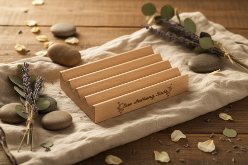 Alder wood soap dish styled on warm linen with dried botanicals and smooth stones