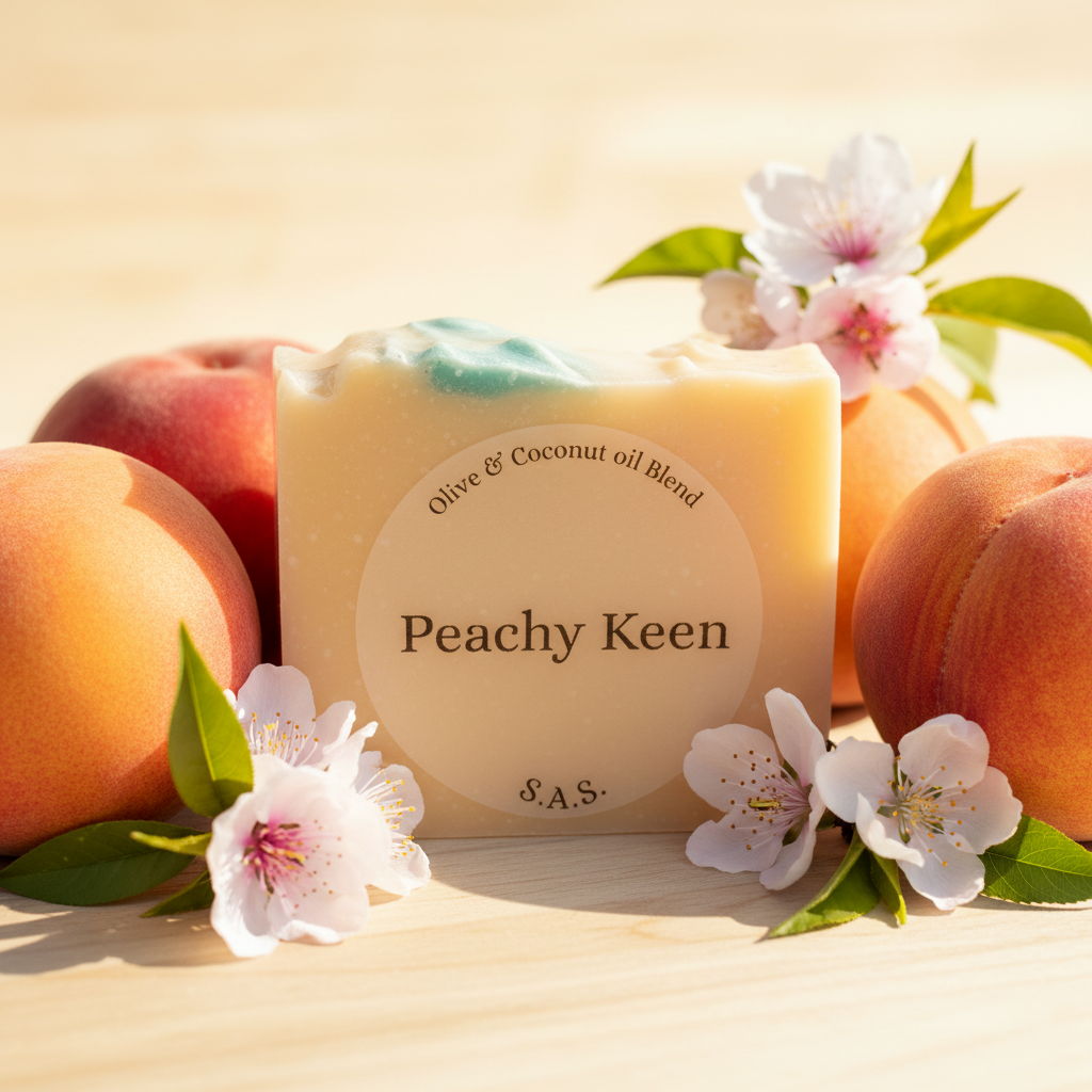 Peachy Keen soap bar surrounded by fresh peaches, peach blossoms, and green leaves in warm golden sunlight