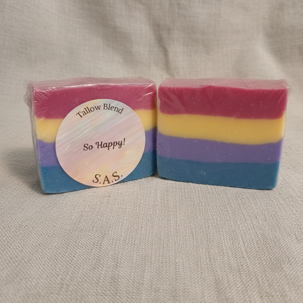 So Happy! colorful layered tallow blend soap bar on linen background