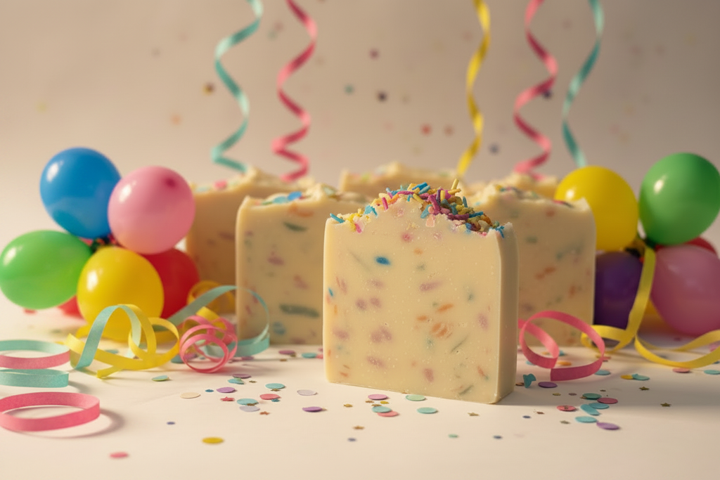 Birthday Cake soap bars styled with colorful balloons, streamers, and confetti for a festive party vibe