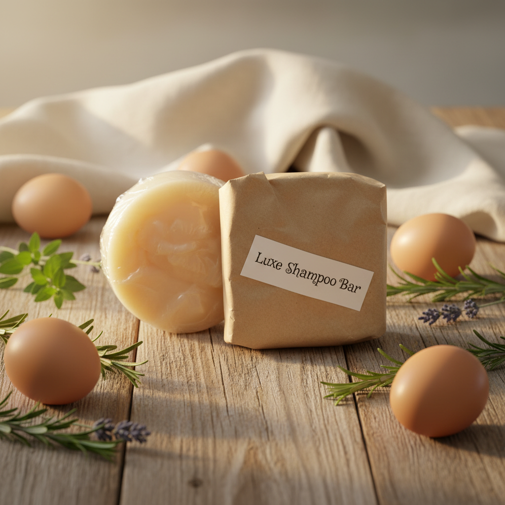 Luxe Shampoo Bar on a rustic farmhouse background with fresh eggs, herbs, and warm golden light