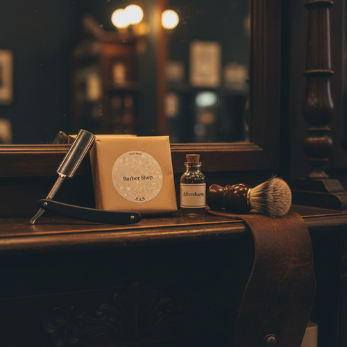 Barber Shop kraft paper wrapped soap bar in a vintage barbershop setting with straight razor and shaving brush