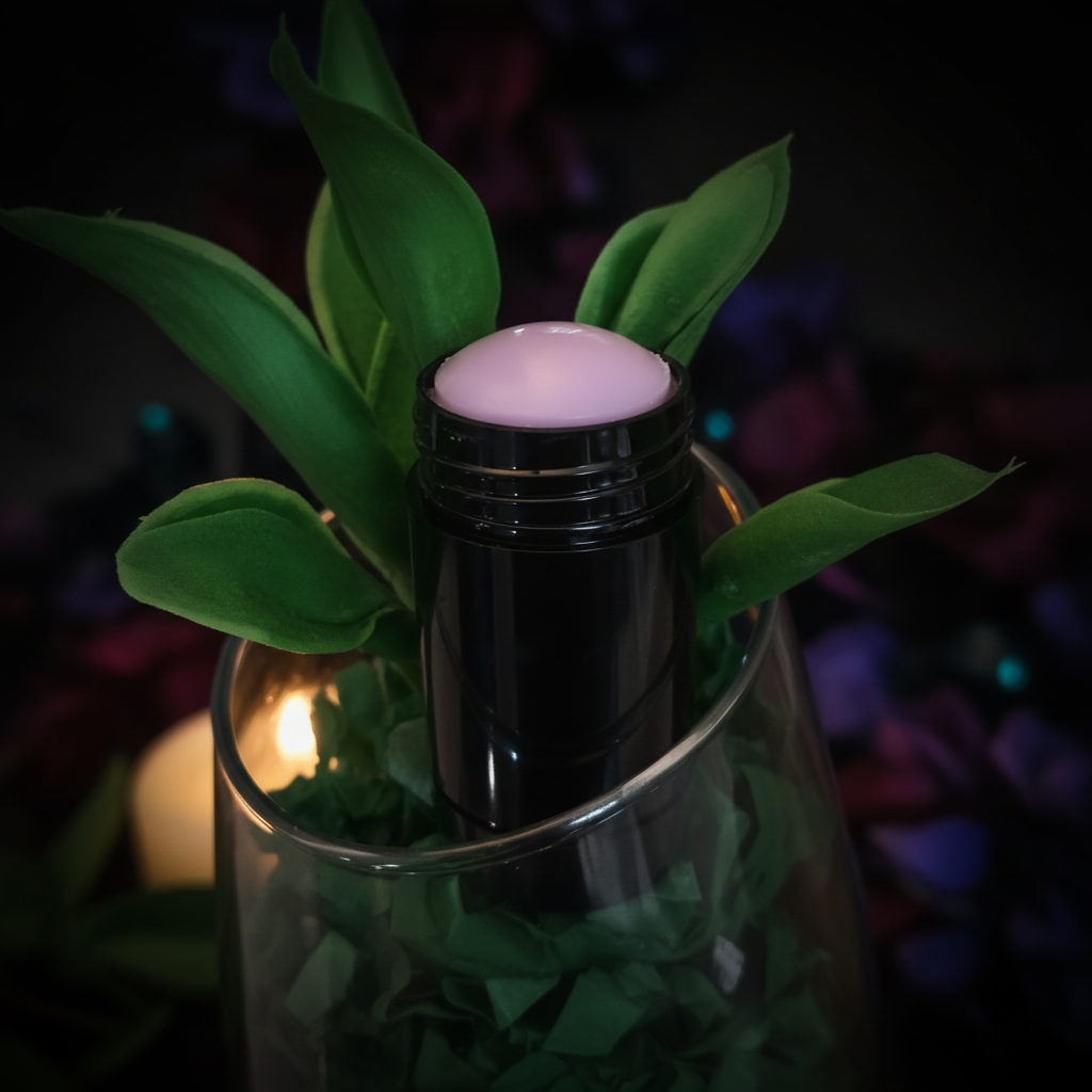 Dark Velvet Solid Perfume in a sleek black twist-up stick against a dark moody backdrop with deep jewel tones