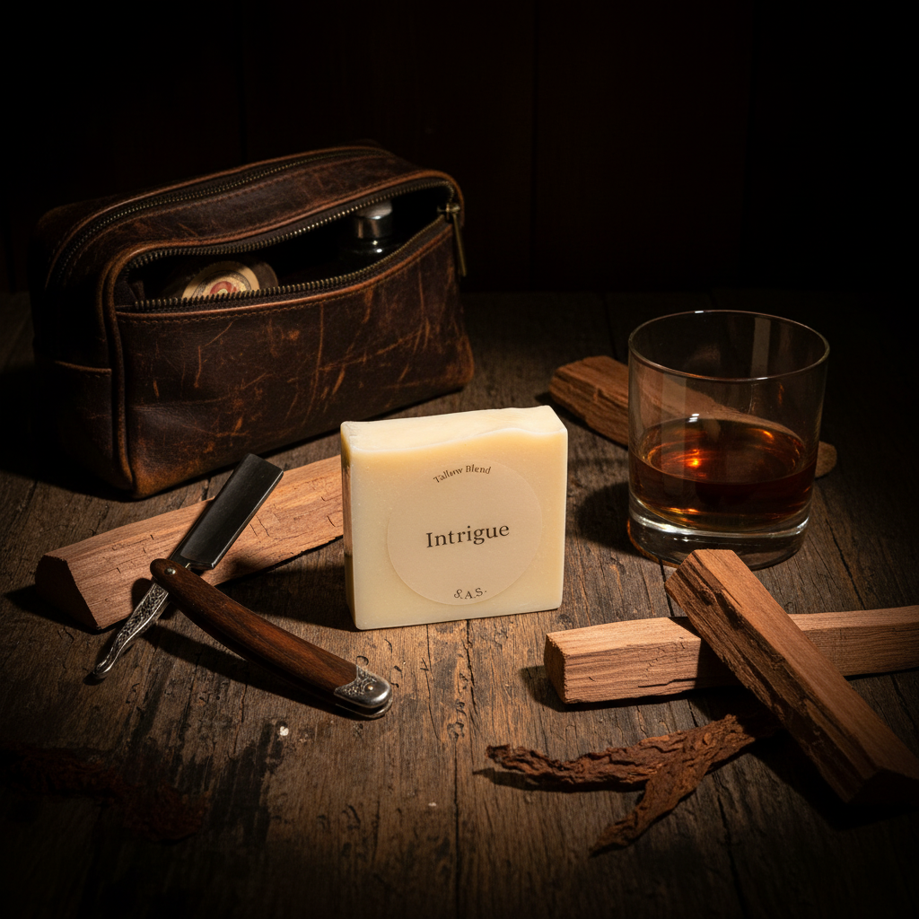 Intrigue soap bar on rugged dark wood with straight razor, leather dopp kit, whiskey glass and cedar chunks