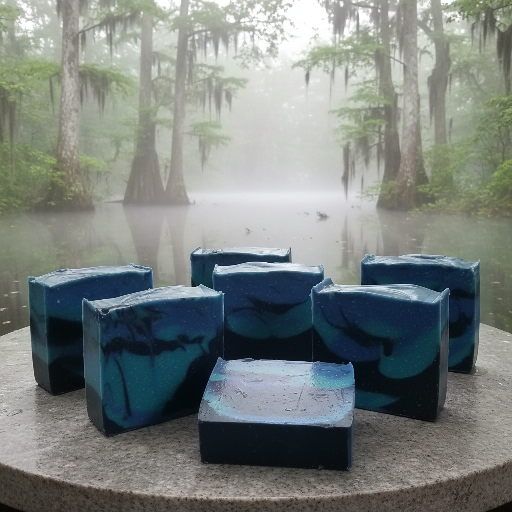 Blue Bayou handcrafted soap bars with deep blue swirls in a misty, nature-inspired setting with lush greenery