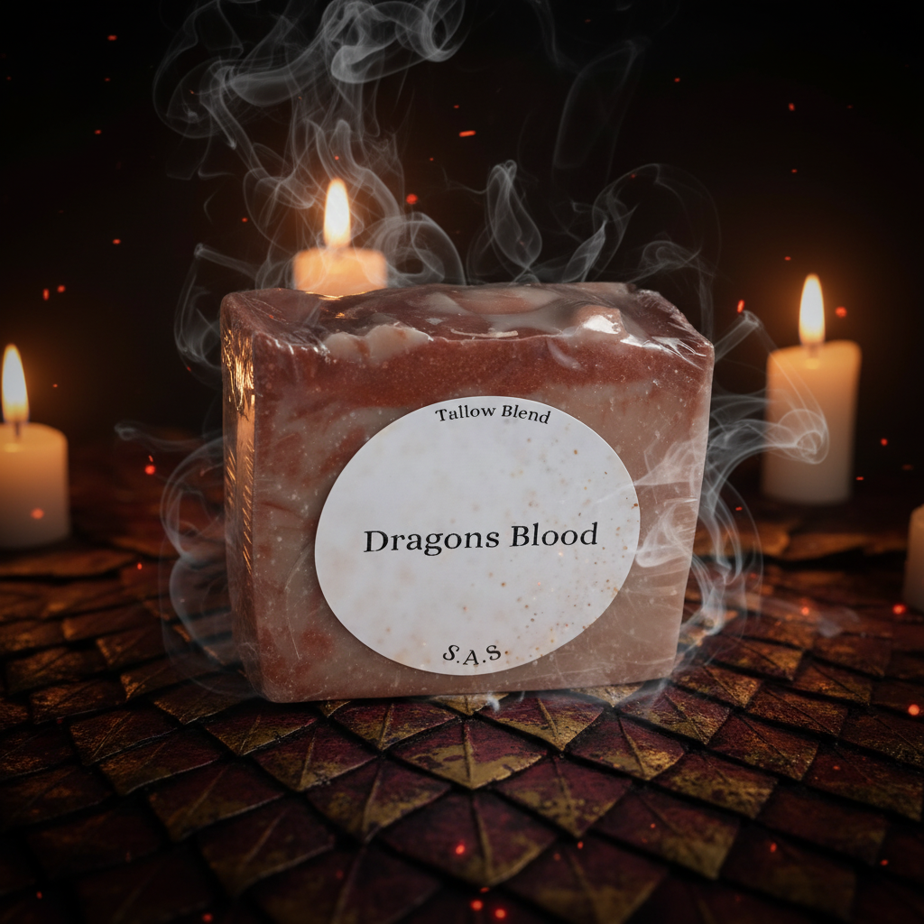 Dragons Blood soap bar on a dark mystical background with incense smoke and glowing embers