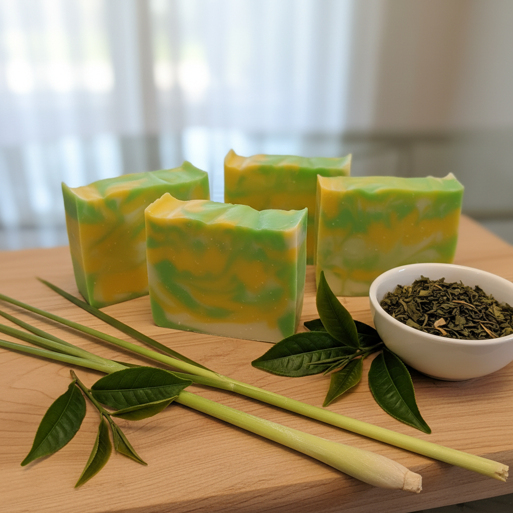 Lemongrass and Green Tea handcrafted soap bars on a wooden surface with fresh lemongrass and green tea leaves
