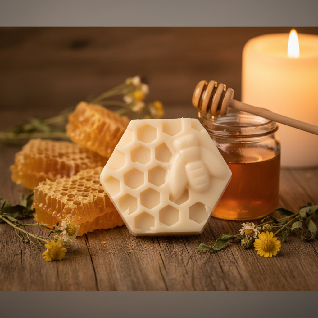 Honeycomb lotion bar on a rustic wooden surface with golden honeycomb, honey jar, and warm candlelight