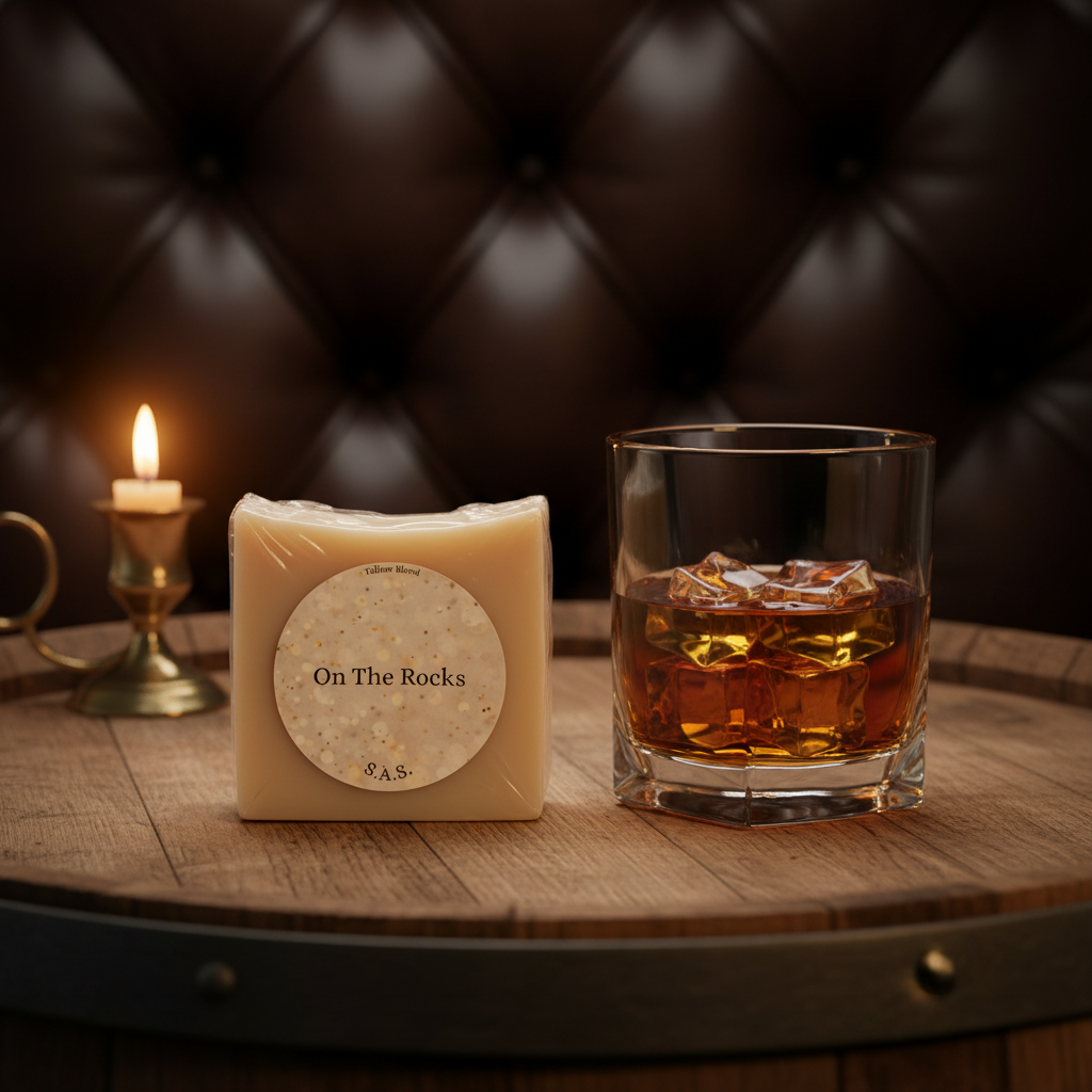 On The Rocks soap bar with a whiskey glass, oak barrel wood, and warm amber lighting