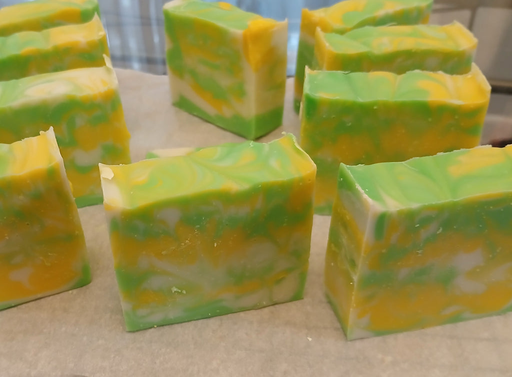 Lemongrass and Green Tea handcrafted soap bars with vibrant green and yellow swirls